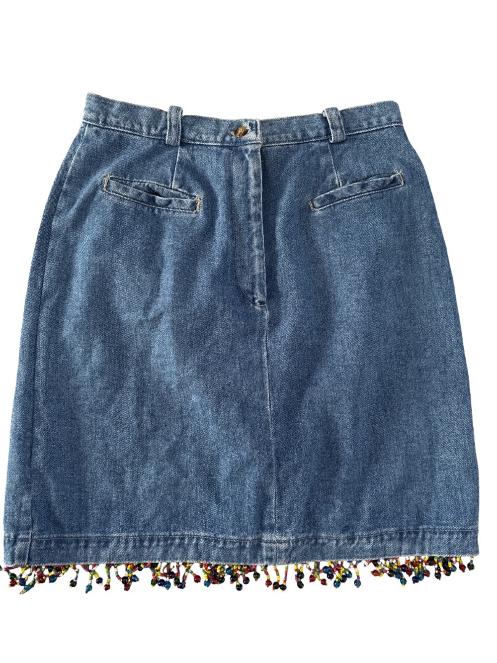 Willowbend Denim Mini Skirt with Multicolor Beaded Fringe